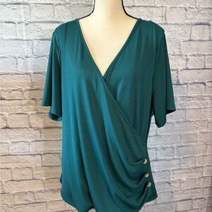 SHEIN Teal V-Neck Blouse with Button Accents